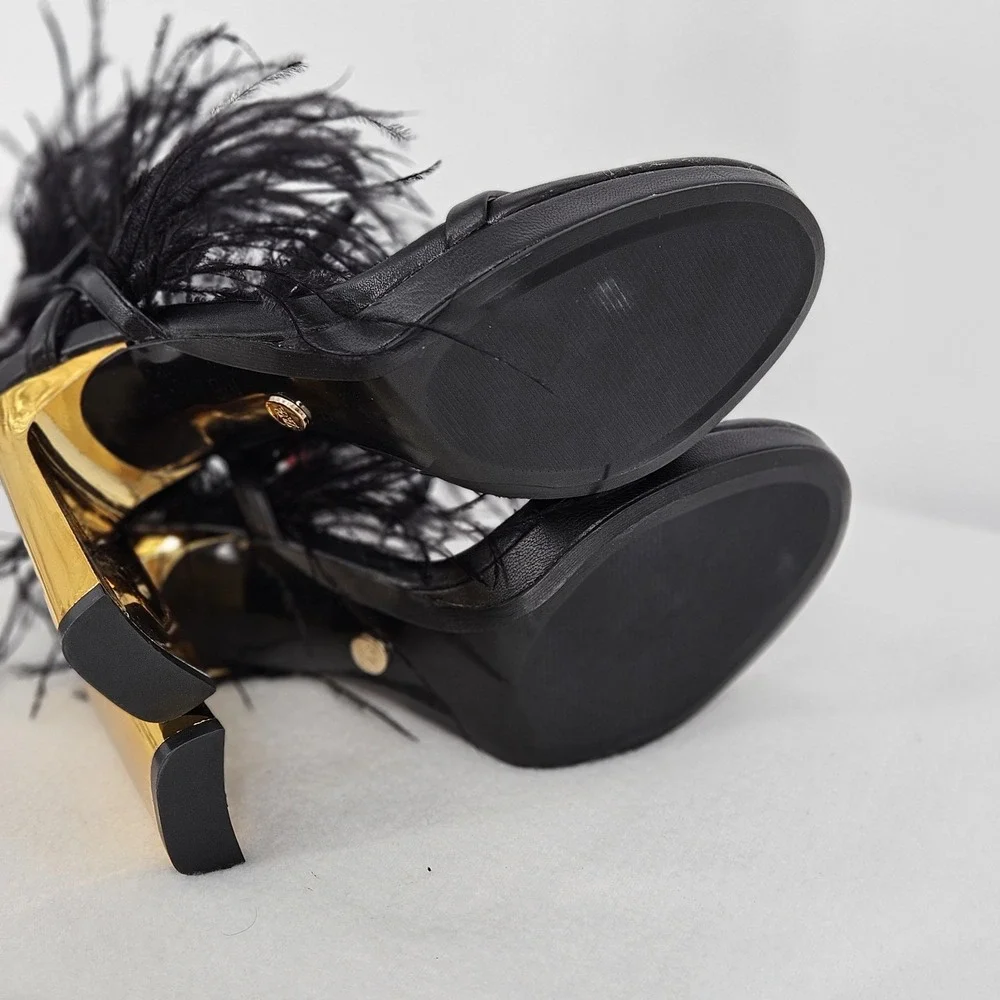 Zara Black Feather Trim Gold Block Heel Sandals Wrap Ankle Strap Womens 6 NEW‎ - Picture 6 of 9